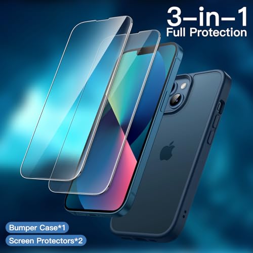 JETech 3 in 1 Matte Case for iPhone 13 6.1-Inch with 2-Pack Tempered Glass Screen Protector, Translucent Frosted Shockproof Phone Cover (Storm Blue)