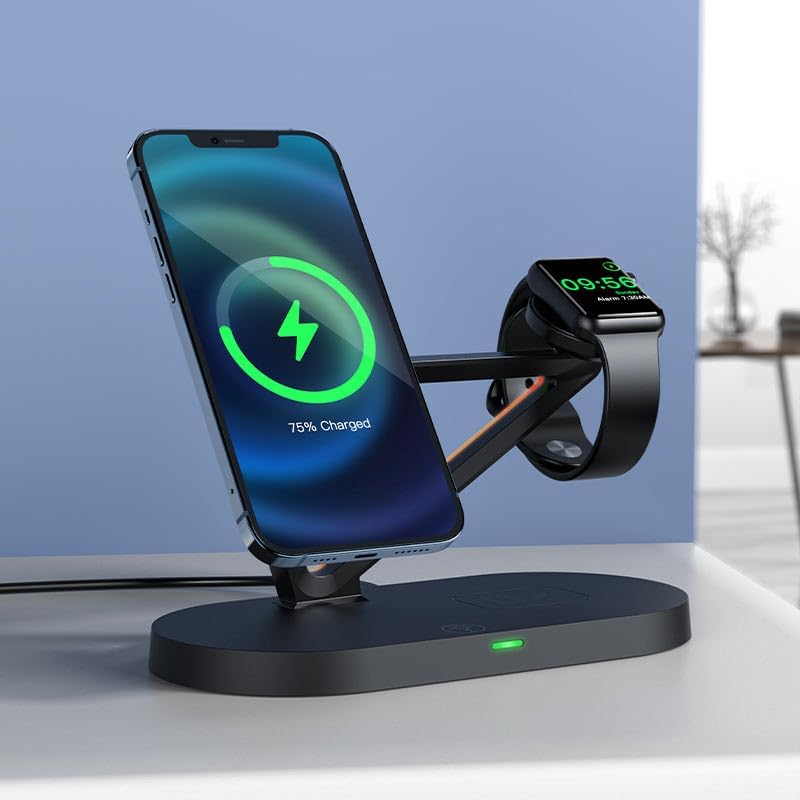 ACEFAST Wireless Charger Desktop Holder E9 3-in-1 Magnet Stand Charging Station for iPhone 15/14/13/12 Series + Smart Watch + Earbuds, with Total Output up to 45W, Dimmable night lamp