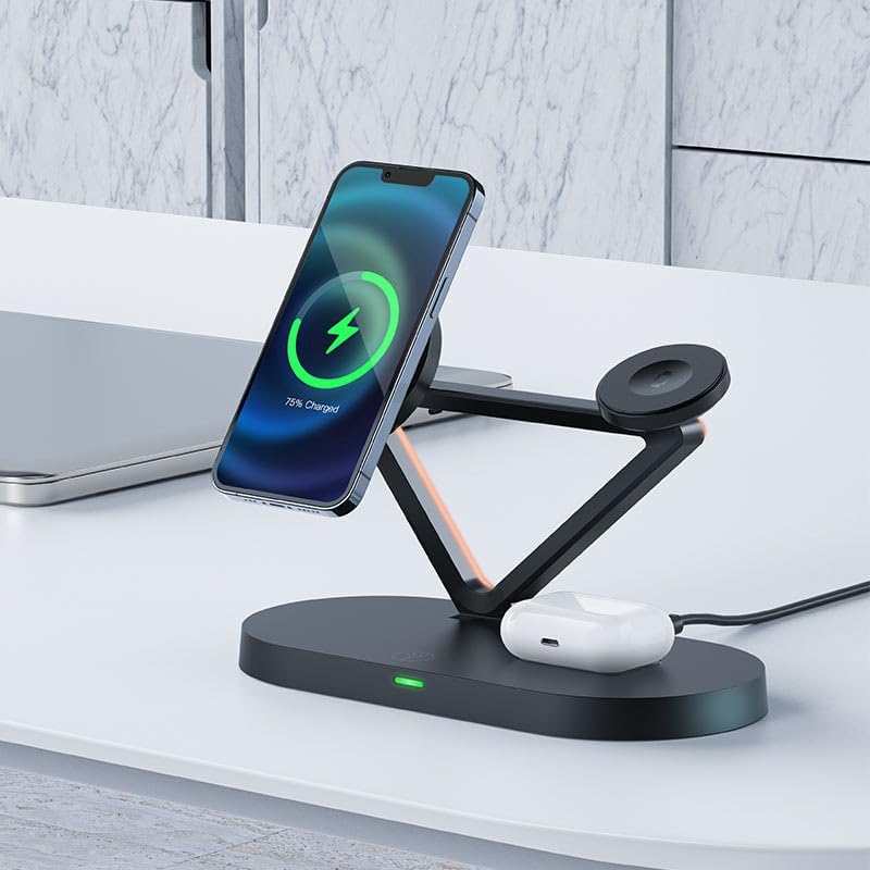 ACEFAST Wireless Charger Desktop Holder E9 3-in-1 Magnet Stand Charging Station for iPhone 15/14/13/12 Series + Smart Watch + Earbuds, with Total Output up to 45W, Dimmable night lamp