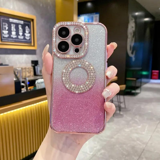 15 Pro max compatible pink crystal clear rhinestone phone case - Electroplated Protective Cover