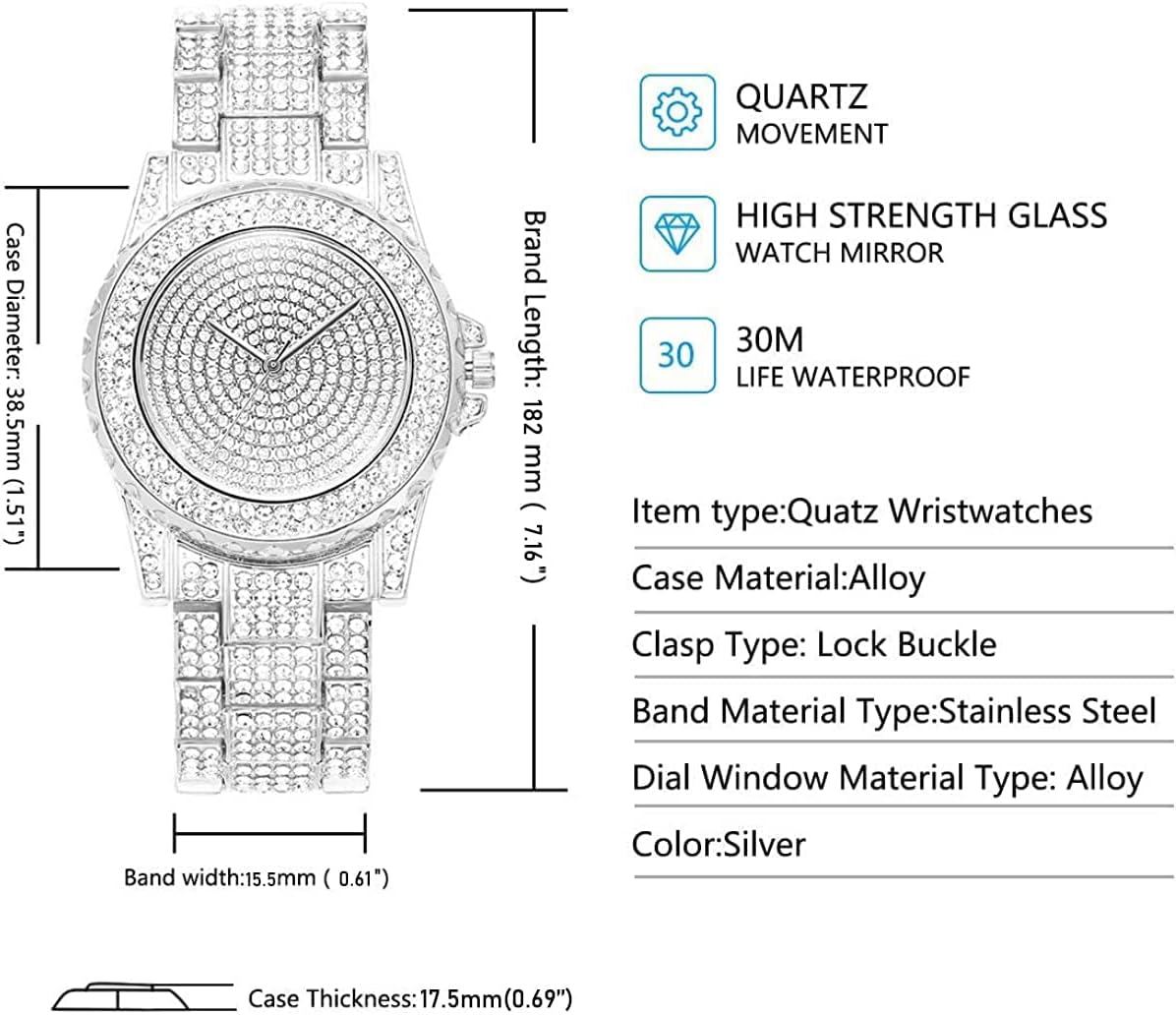 KASTWAVE Luxury Ladies Watch Iced Out Watch with Quartz Movement Crystal Rhinestone Diamond Watches for Women Stainless Steel Wristwatch Full Diamonds