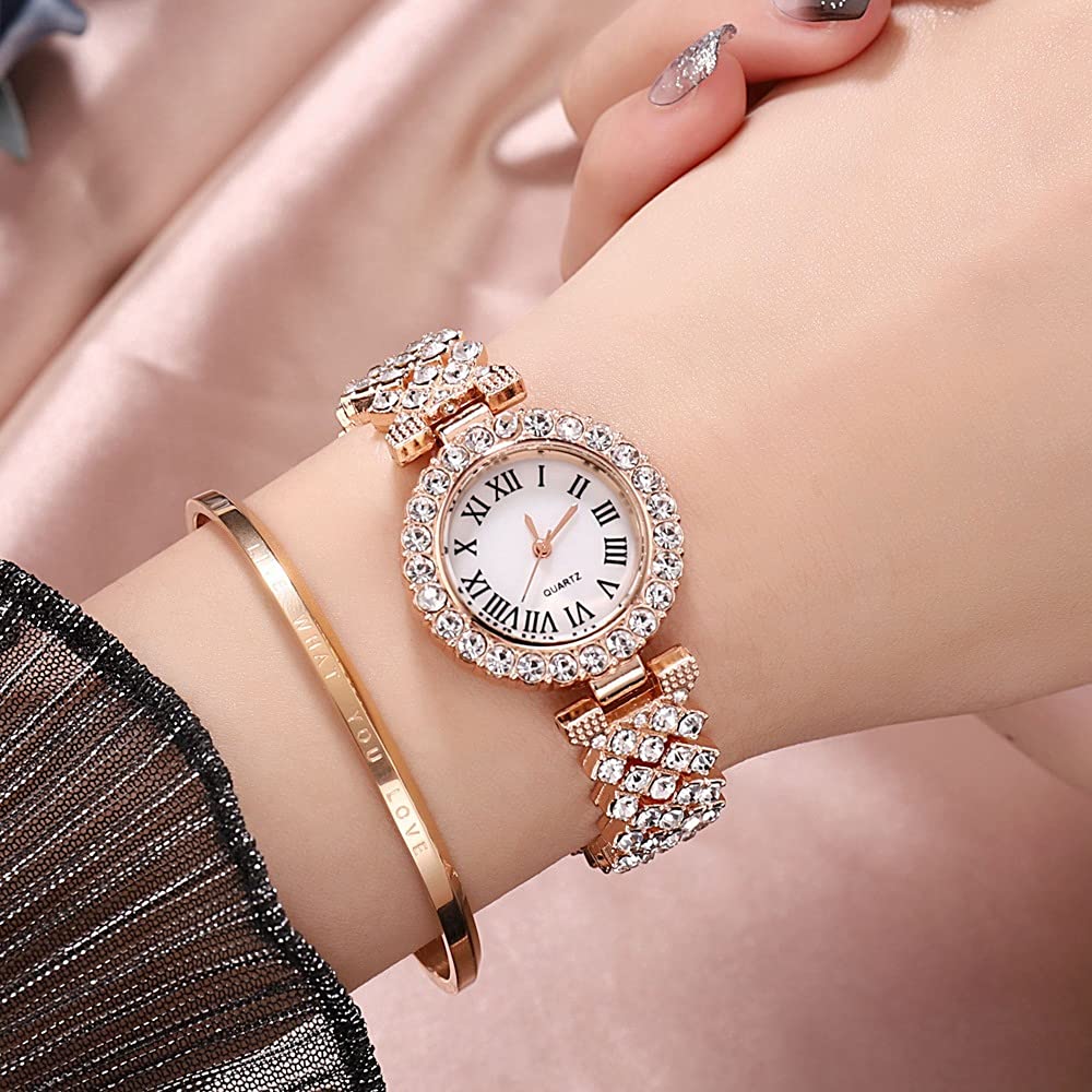 Excefore Women Luxury Watches, 2 Pcs Lady Watches with Bracelet Set, Analogue Quartz Diamond Watches with Stainless Steel Strap, Lady Rhinestone Wrist Watch+Jewelry Cuff Bracelet Set