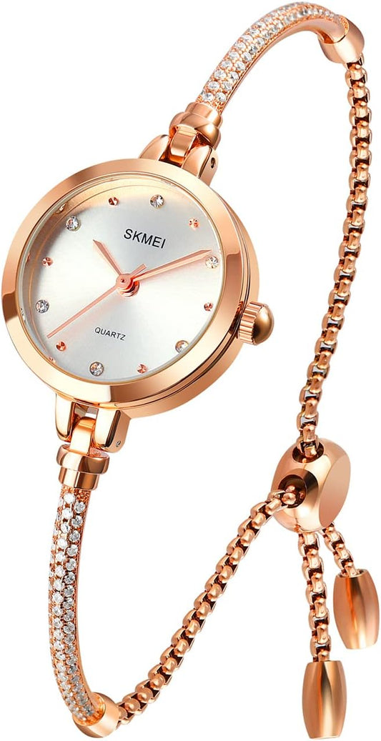 SKMEI Women Watches Bracelet Diamond Ladies Female Small Rose Gold Fashion Luxury Thin Waterproof Analog Quartz Casual Girls Wife Gifts Silver Wrist Watch