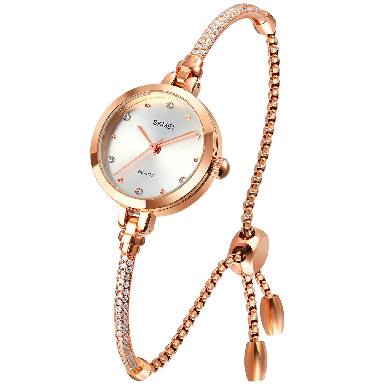 SKMEI Women Watches Bracelet Diamond Ladies Female Small Rose Gold Fashion Luxury Thin Waterproof Analog Quartz Casual Girls Wife Gifts Silver Wrist Watch