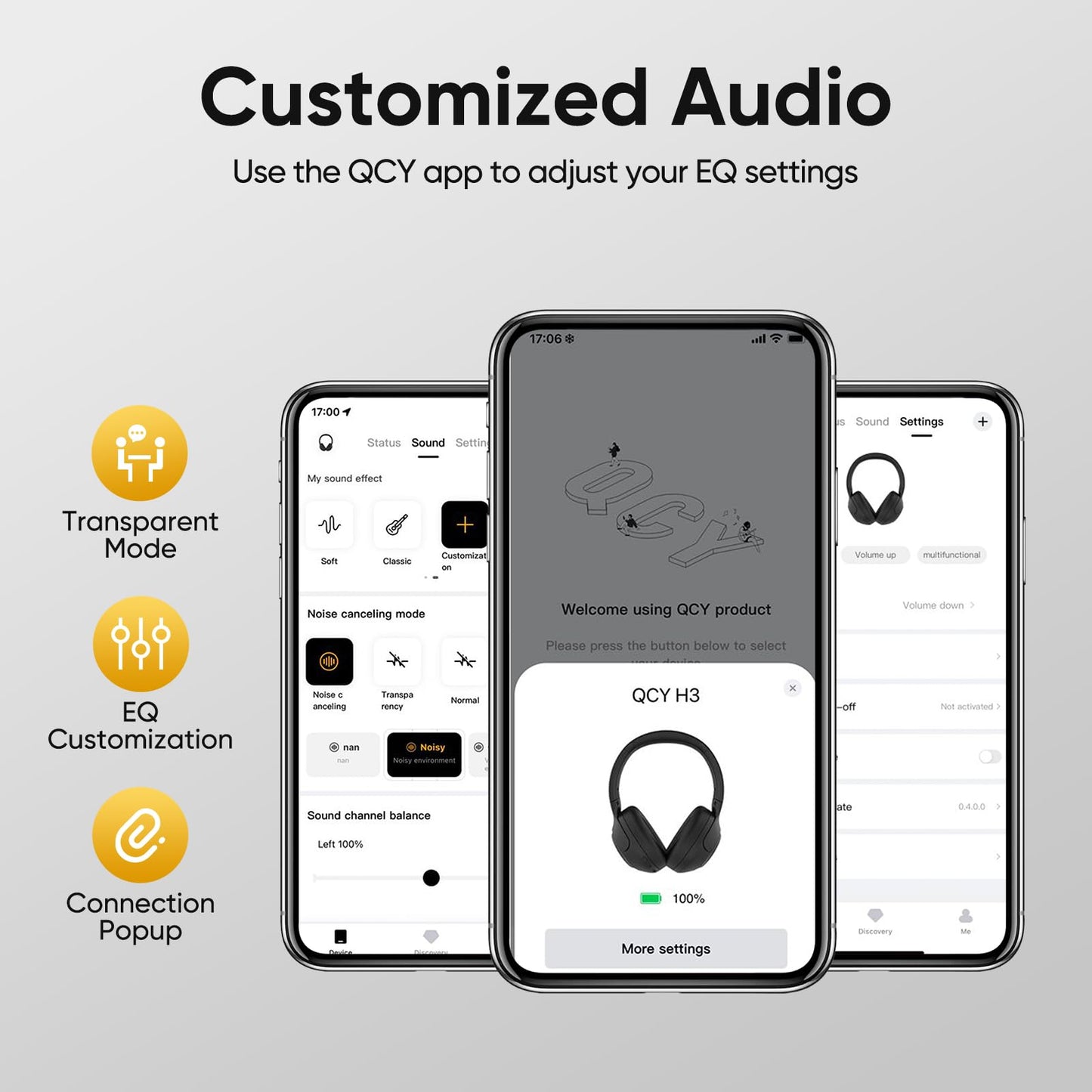 QCY H3 Hybrid Active Noise Cancelling Headphones, Wireless Over Ear Bluetooth Headphones, 60H Playtime, Hi-Res Audio Custom EQ via App Deep Bass Comfort Fit, for Home Office Travel