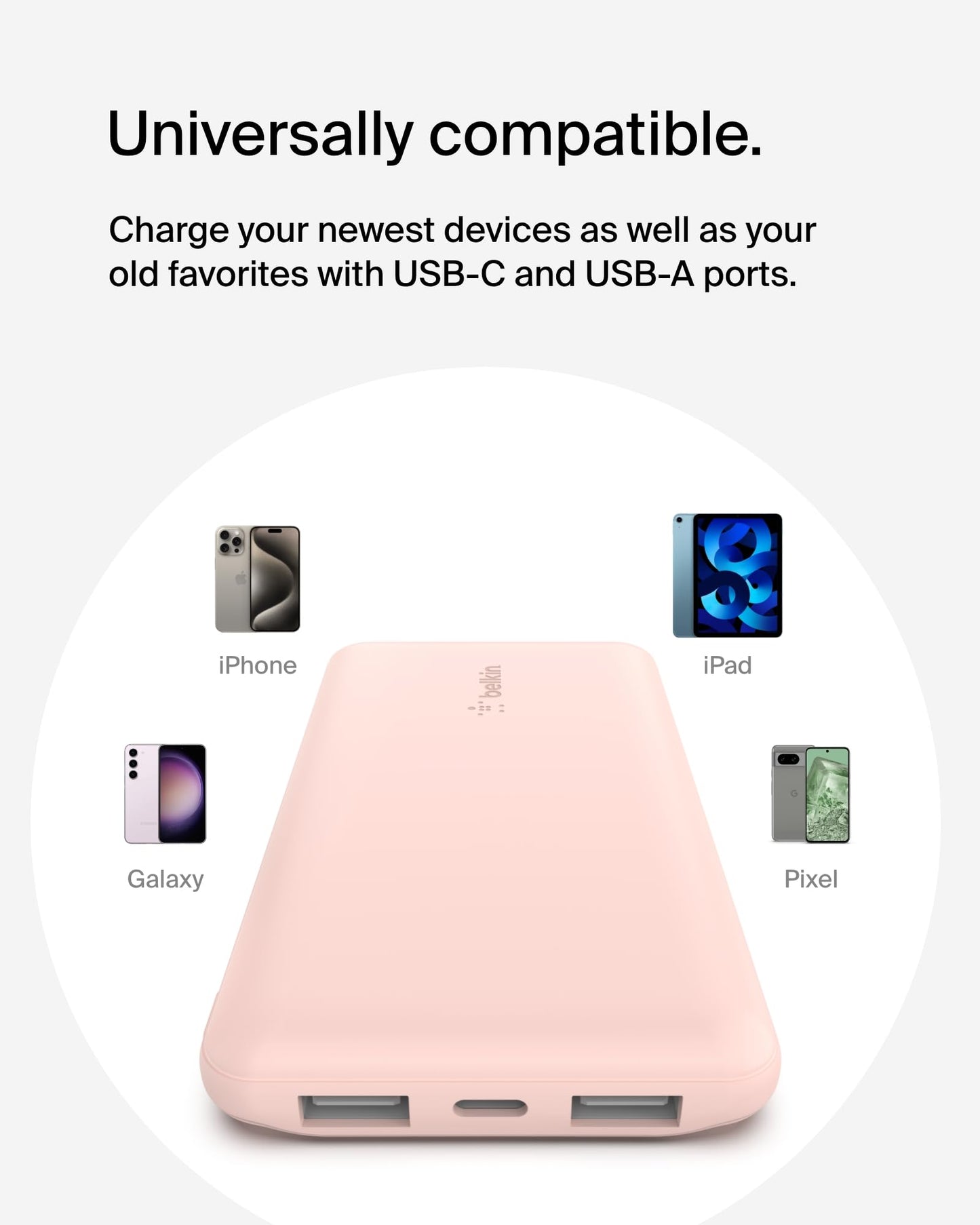 Belkin 10000mAh portable power bank, 10K USB-C portable charger with 1 USB-C port and 2 USB-A ports, battery pack for up to 15W charging for iPhone, Samsung Galaxy, AirPods, iPad, and more – Rose Gold