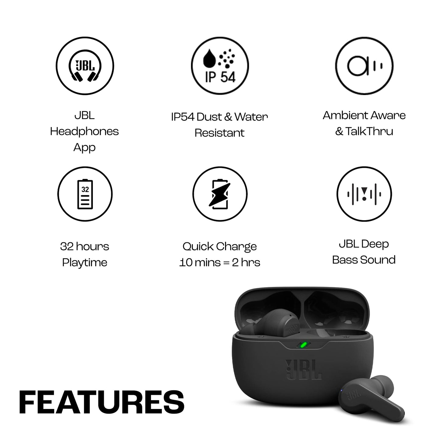 JBL Wave Beam True Wireless Earbuds, Deep Bass,Comfort Fit, 32H Battery, Smart Ambient, TalkThru, Hands-Free + VoiceAware, Water and Dust Resistant - Black, JBLWBEAMBLK