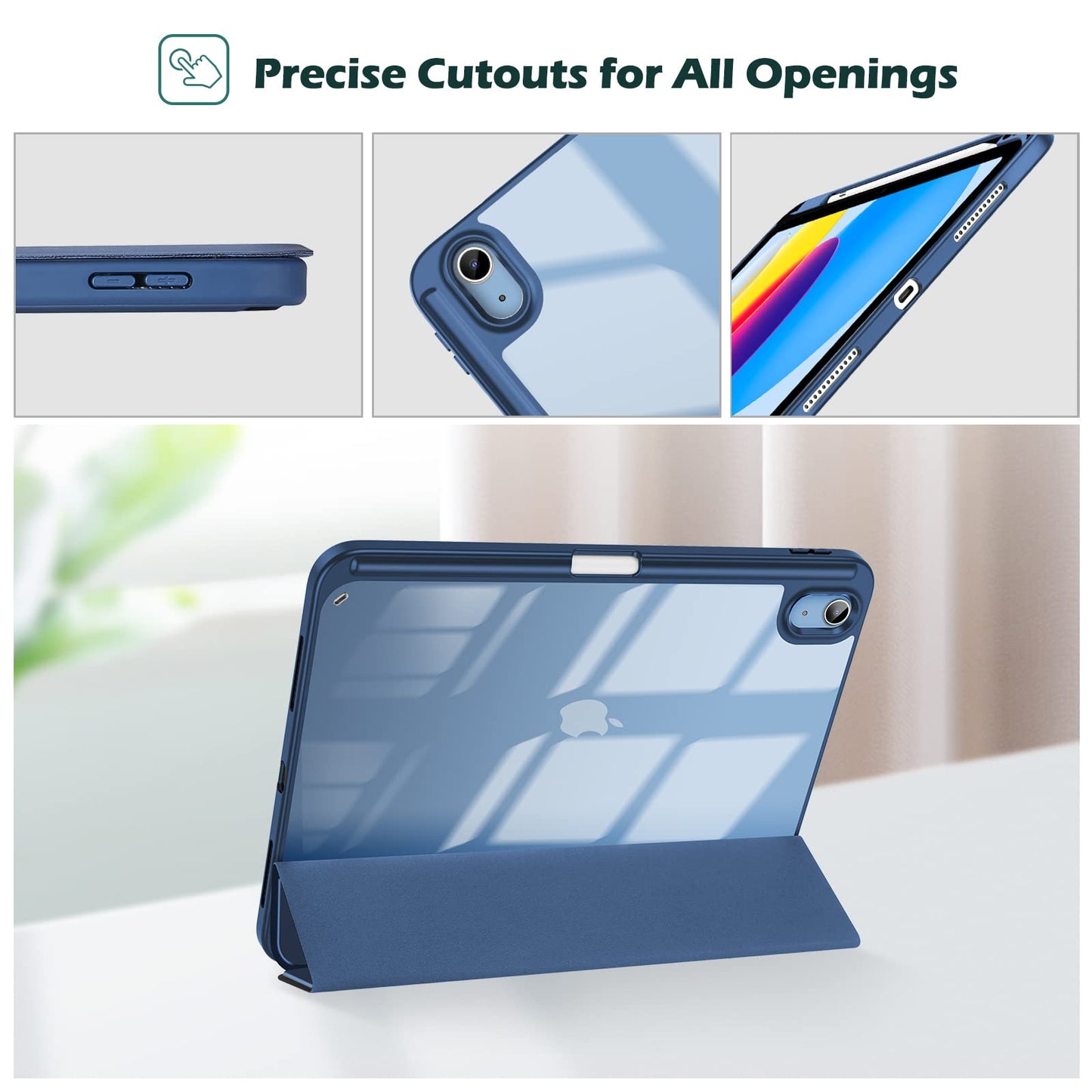 ProCase for iPad 10th Gen Case with Pencil Holder 2022 iPad 10.9 Inch Case, Clear Transparent Back Shell Trifold Protective Cases Shockproof Cover for 2022 iPad 10th Gen A2696 A2757 A2777 -Navy