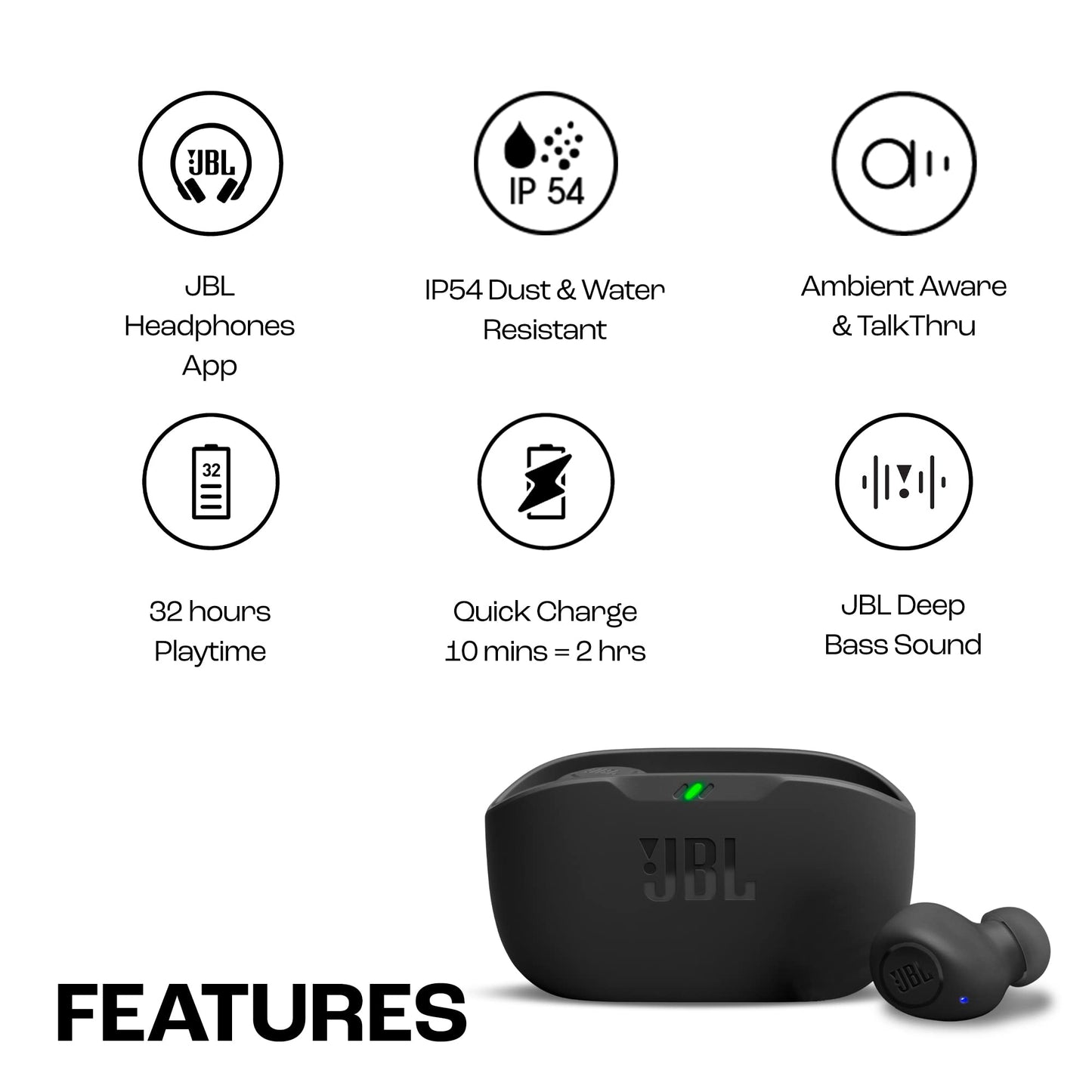 JBL Wave Buds True Wireless Earbuds, Deep Bass, Comfortable Fit, 32H Battery, Smart Ambient Technology, Hands-Free Call, Water and Dust Resistant - Black, JBLWBUDSBLK