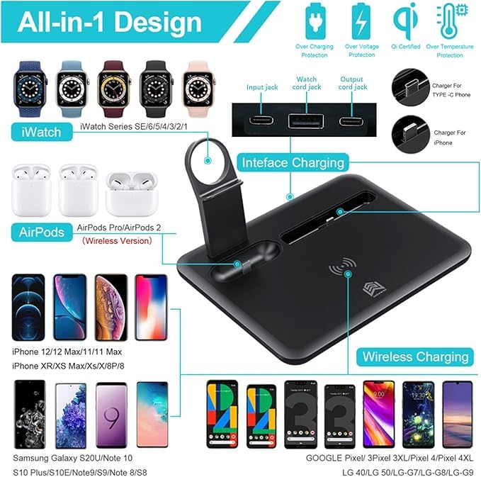 4 in 1 Wireless Charging Station, Multi-Device Wireless Charging, 15W Fast Charging Gear, Wireless Charger for iPhone, Apple Watch, Airpods and Other Smartphones - Black