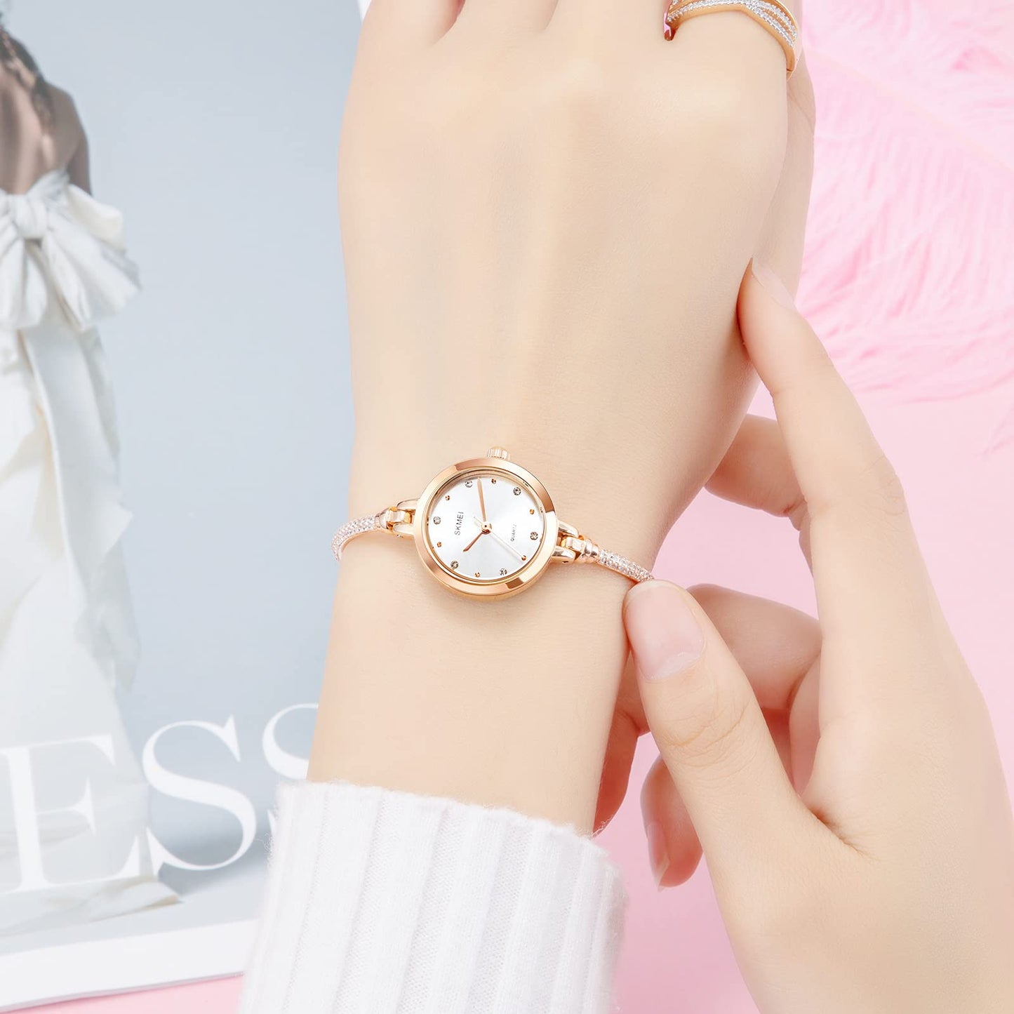 SKMEI Women Watches Bracelet Diamond Ladies Female Small Rose Gold Fashion Luxury Thin Waterproof Analog Quartz Casual Girls Wife Gifts Silver Wrist Watch