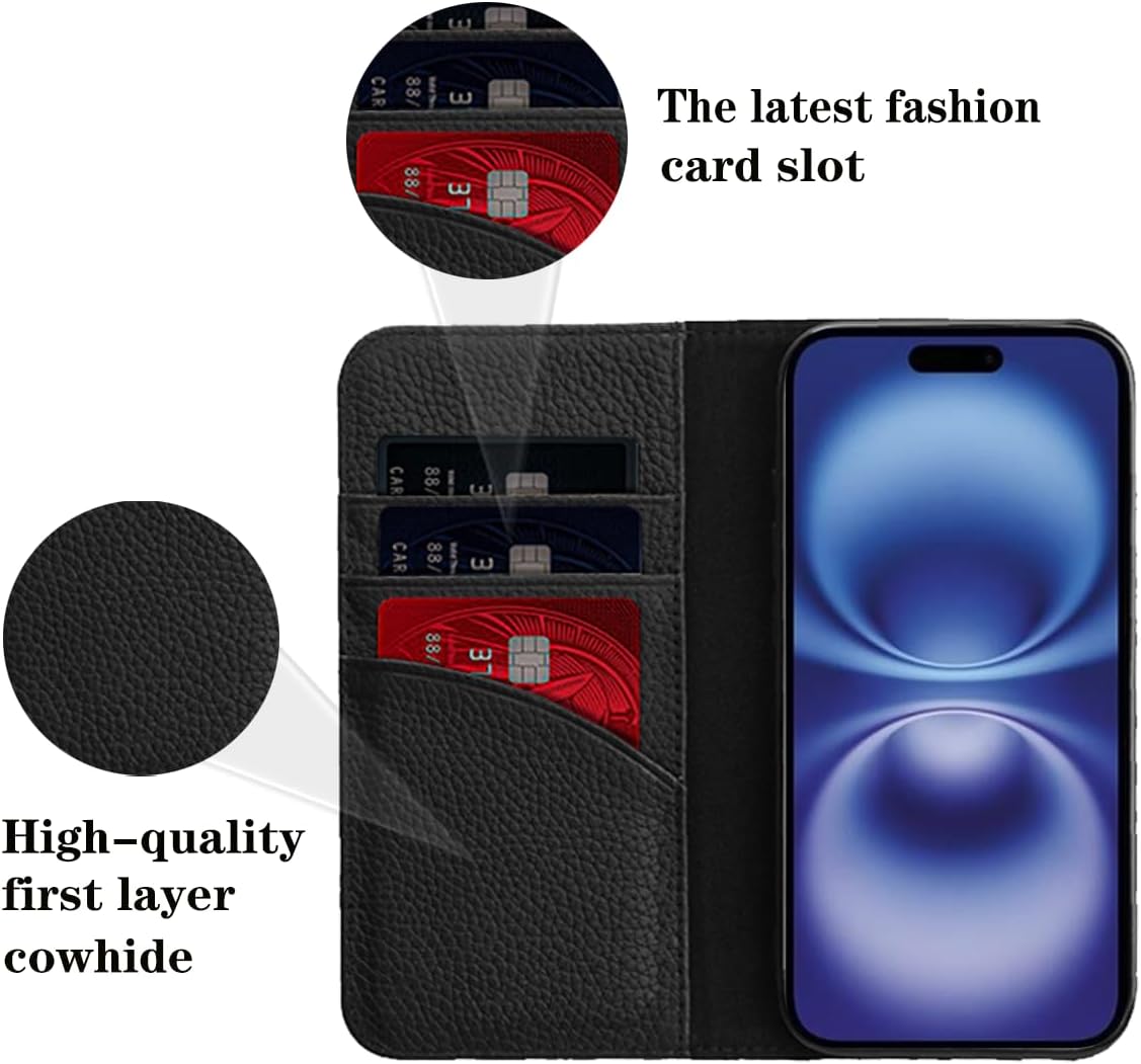 LANJLM iPhone 16 Wallet Case Genuine Leather Antimagnetic Card Holder Flip Cover Shockproof iPhone 16 Cases - Black