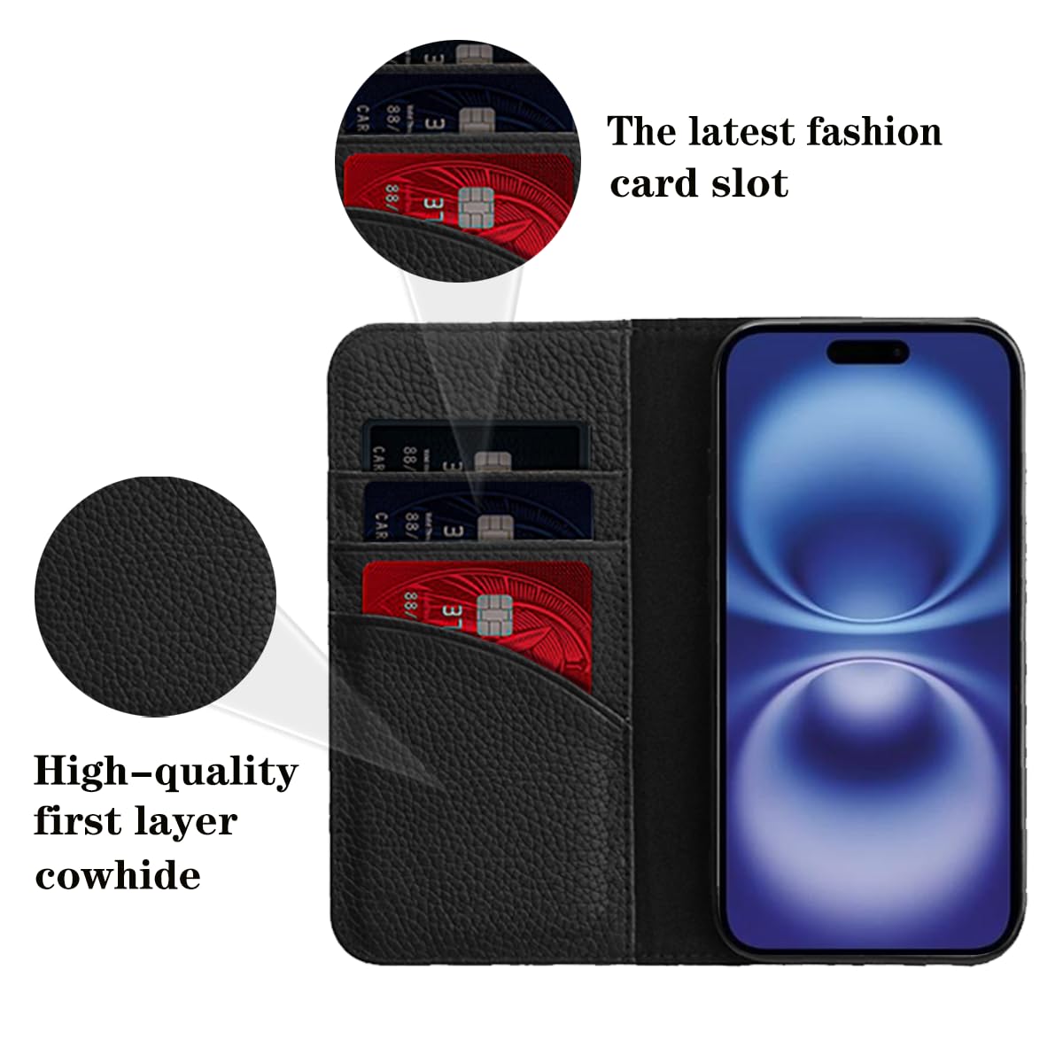 LANJLM iPhone 16 Wallet Case Genuine Leather Antimagnetic Card Holder Flip Cover Shockproof iPhone 16 Cases - Black