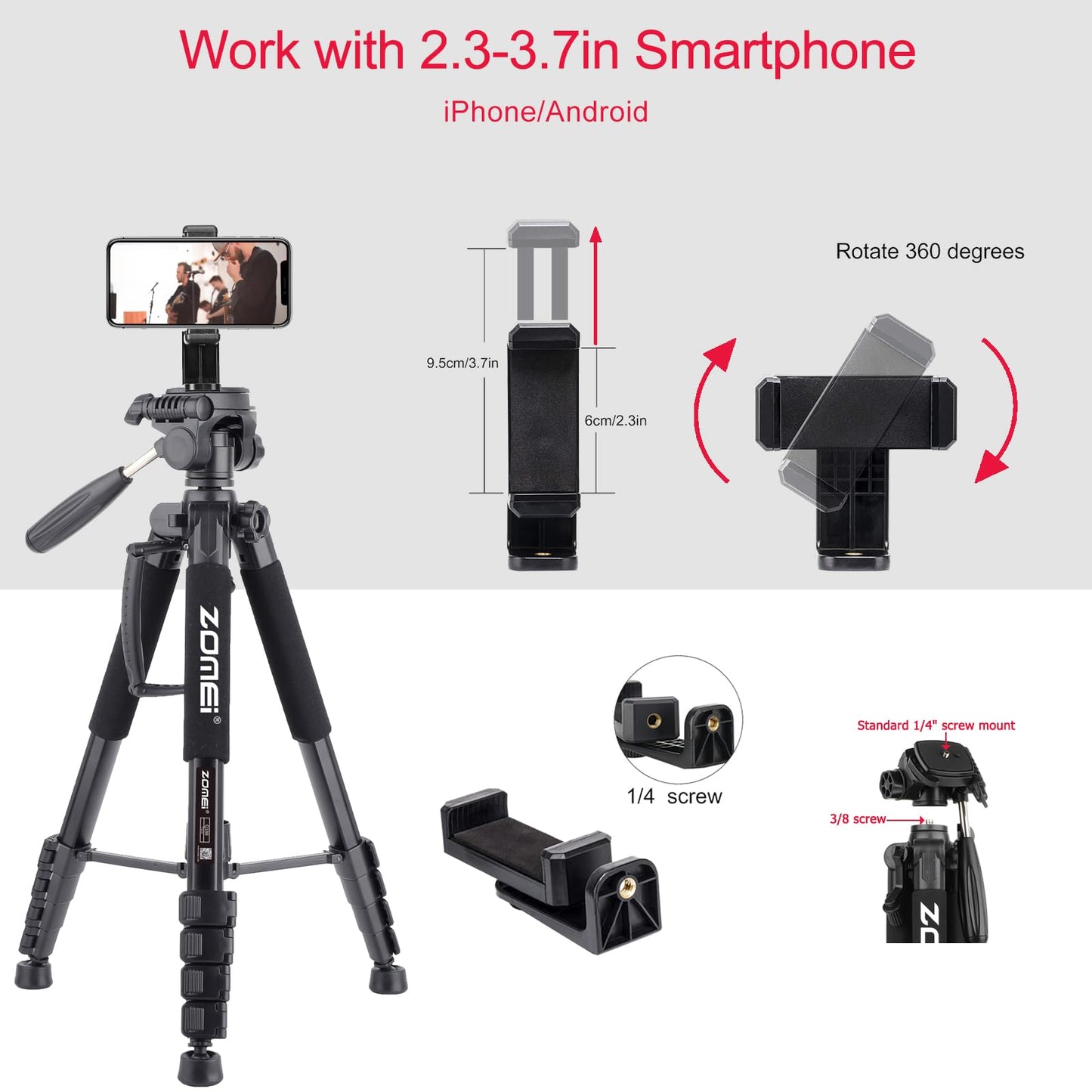 ZOMEI Tripod 74” Camera Tripod, Aluminum Professional Heavy Duty Camera Tripod Stand, Tripod for Camera DSLR SLR with Carry Bag, Compatible with iPhone, Projector, Webcam, Spotting Scopes