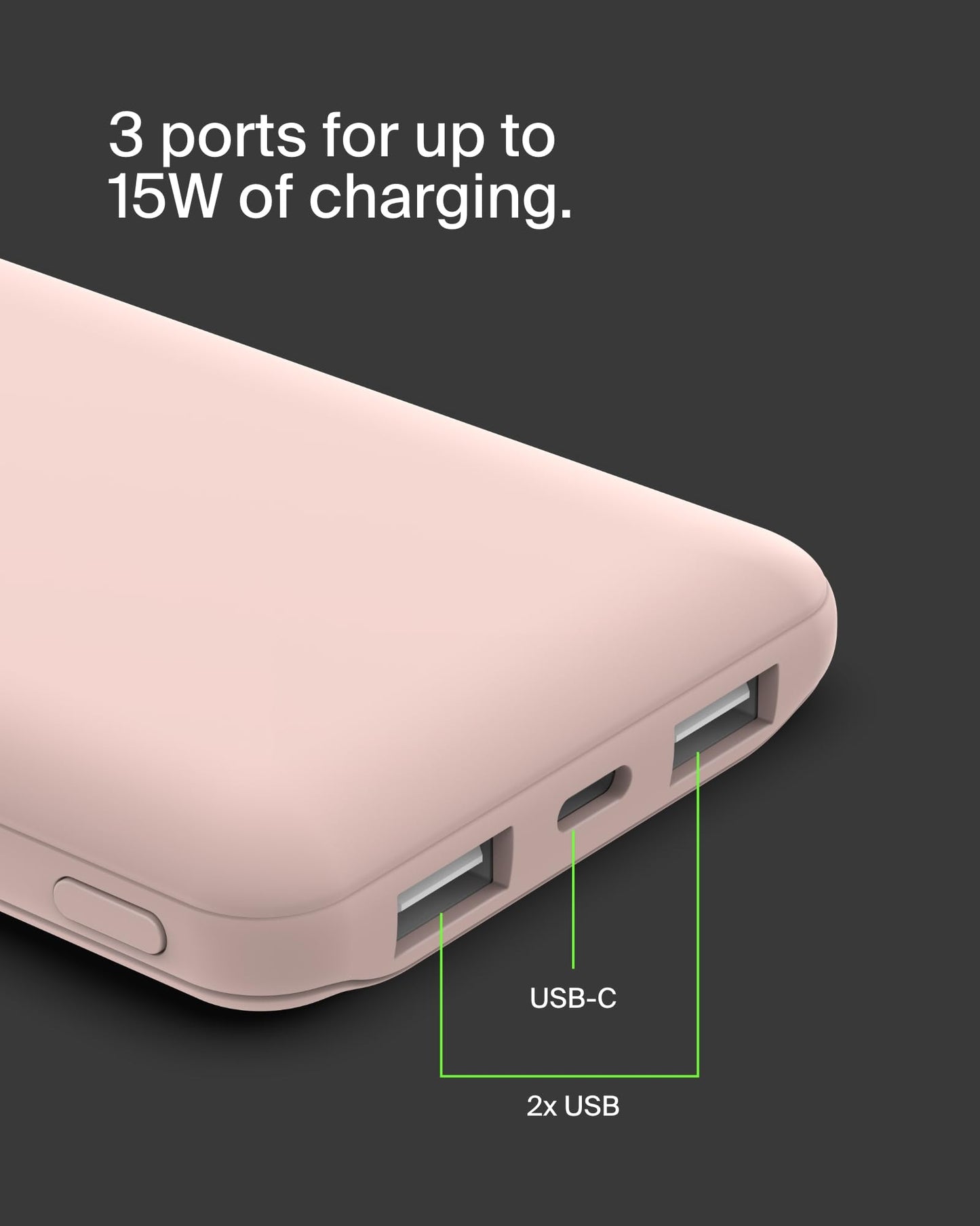 Belkin 10000mAh portable power bank, 10K USB-C portable charger with 1 USB-C port and 2 USB-A ports, battery pack for up to 15W charging for iPhone, Samsung Galaxy, AirPods, iPad, and more – Rose Gold