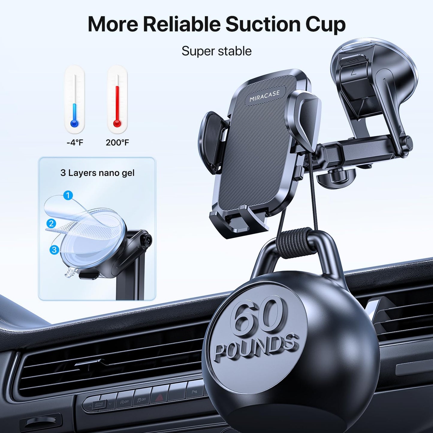 Miracase Universal Car Phone Holder [Powerful Suction Cup] Phone Holder Car for Dashboard Windshield [Double Metal Hook] Mobile Holder for Car Air Vent Car Mobile Holder for All 4.0-7.2" Smartphone