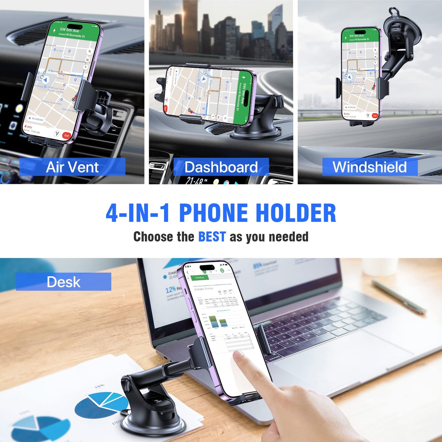 Miracase Car Phone Holder, 4-in-1 Mobile Holder for Car, Phone Holder Car for Dashboard & Air Vent & Windshield, Compatible with iPhone 14 Pro Max 13 12 11, Samsung S23, Xiaomi, Google and More