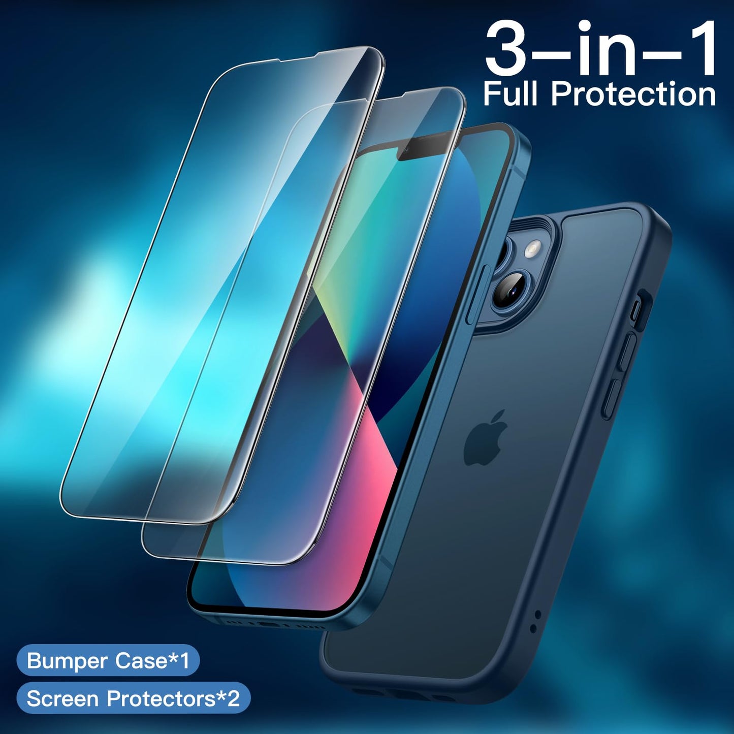 JETech 3 in 1 Matte Case for iPhone 13 6.1-Inch with 2-Pack Tempered Glass Screen Protector, Translucent Frosted Shockproof Phone Cover (Storm Blue)