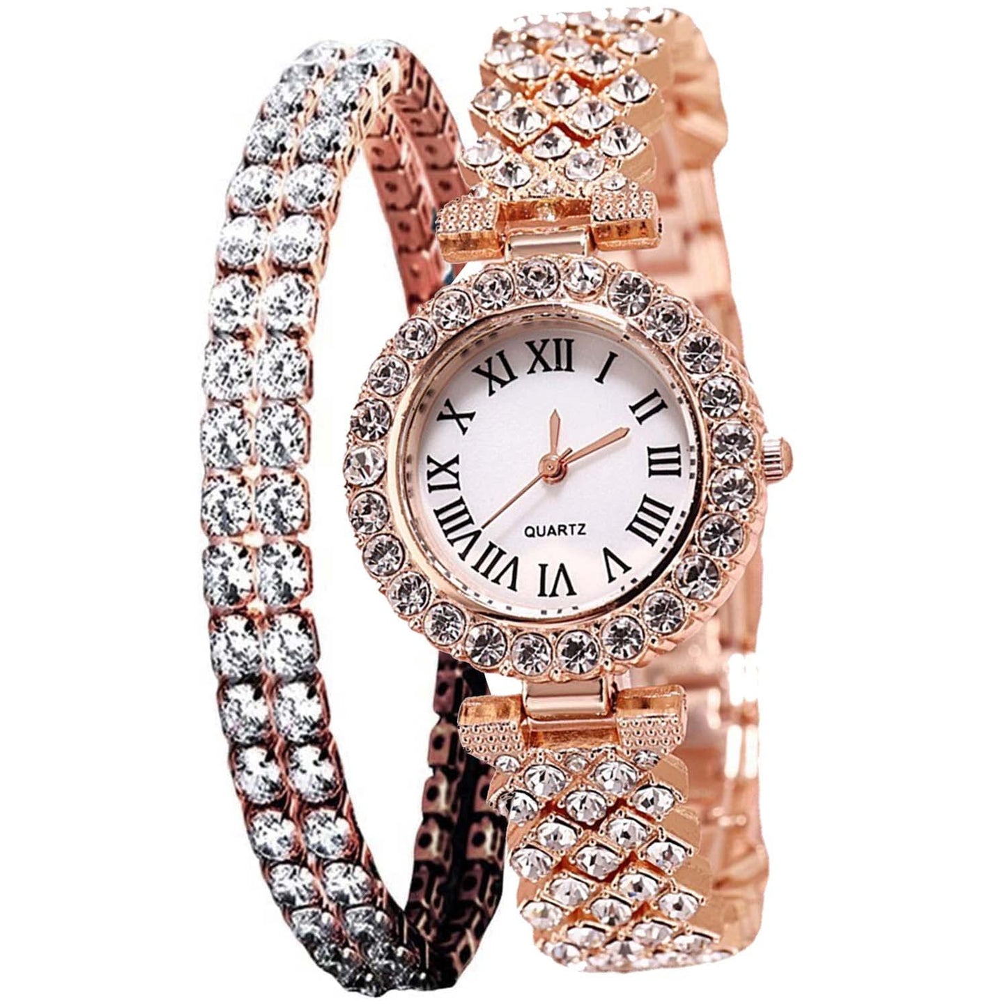 Excefore Women Luxury Watches, 2 Pcs Lady Watches with Bracelet Set, Analogue Quartz Diamond Watches with Stainless Steel Strap, Lady Rhinestone Wrist Watch+Jewelry Cuff Bracelet Set