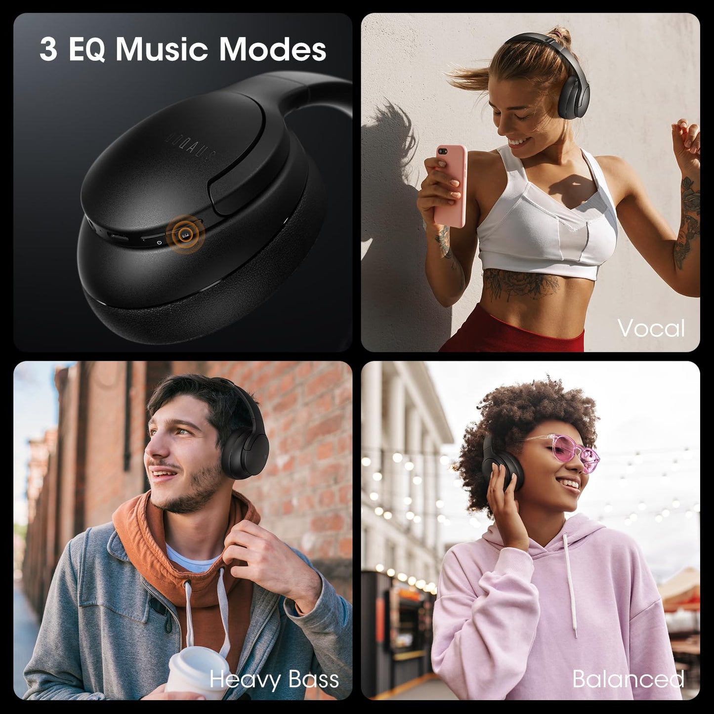 DOQAUS Bluetooth Headphones Over Ear, Bluetooth 5.3 Wireless Headphones, 90H Playtime, 3 EQ Modes, HiFi Stereo Headphones Wireless, Soft Ear Pad, Built-In Mic, Foldable Headphones for Phone/PC(Black)