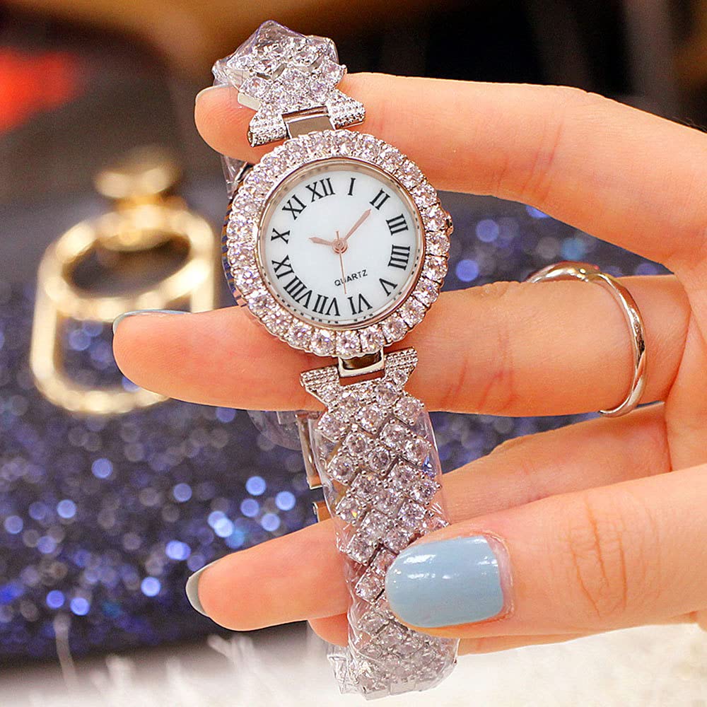 Excefore Women Luxury Watches, 2 Pcs Lady Watches with Bracelet Set, Analogue Quartz Diamond Watches with Stainless Steel Strap, Lady Rhinestone Wrist Watch+Jewelry Cuff Bracelet Set