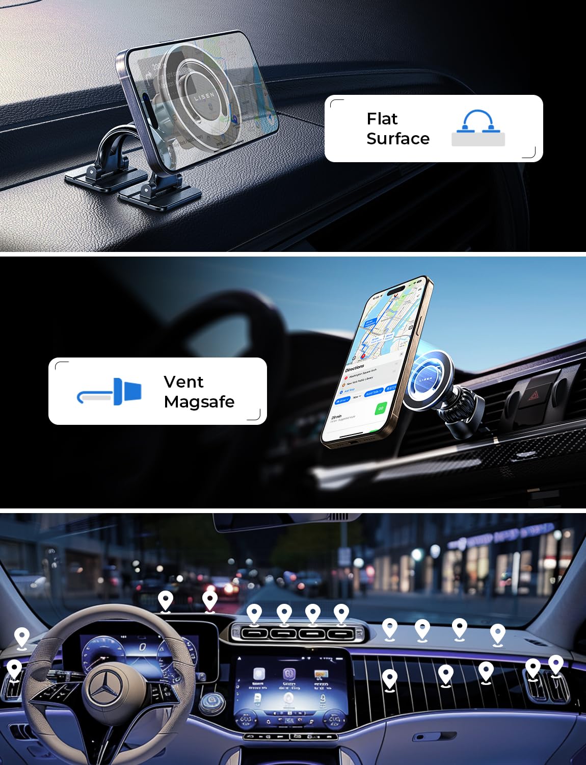 LISEN Fits MagSafe Car Mount For iPhone Strong Magnetic Phone Holder For Car Vent Dashboard HandsFree iPhone Car Mount Holder Car Accessories For MagSafe iPhone 14 Pro Plus 12/13 All Phones Tablets