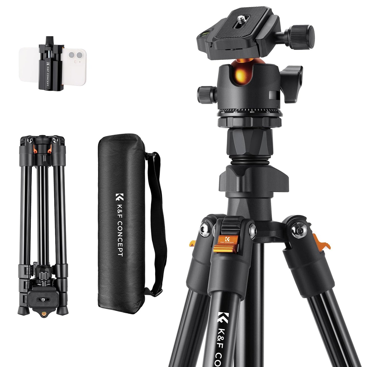 K&F Concept 64 inch/163cm Camera Tripod,Lightweight Aluminum Travel Outdoor Tripods with 360 Degree Ball Head Load Capacity 8kg/17.6lbs,Quick Release Plate, for DSLR Cameras K234A0+BH-28L