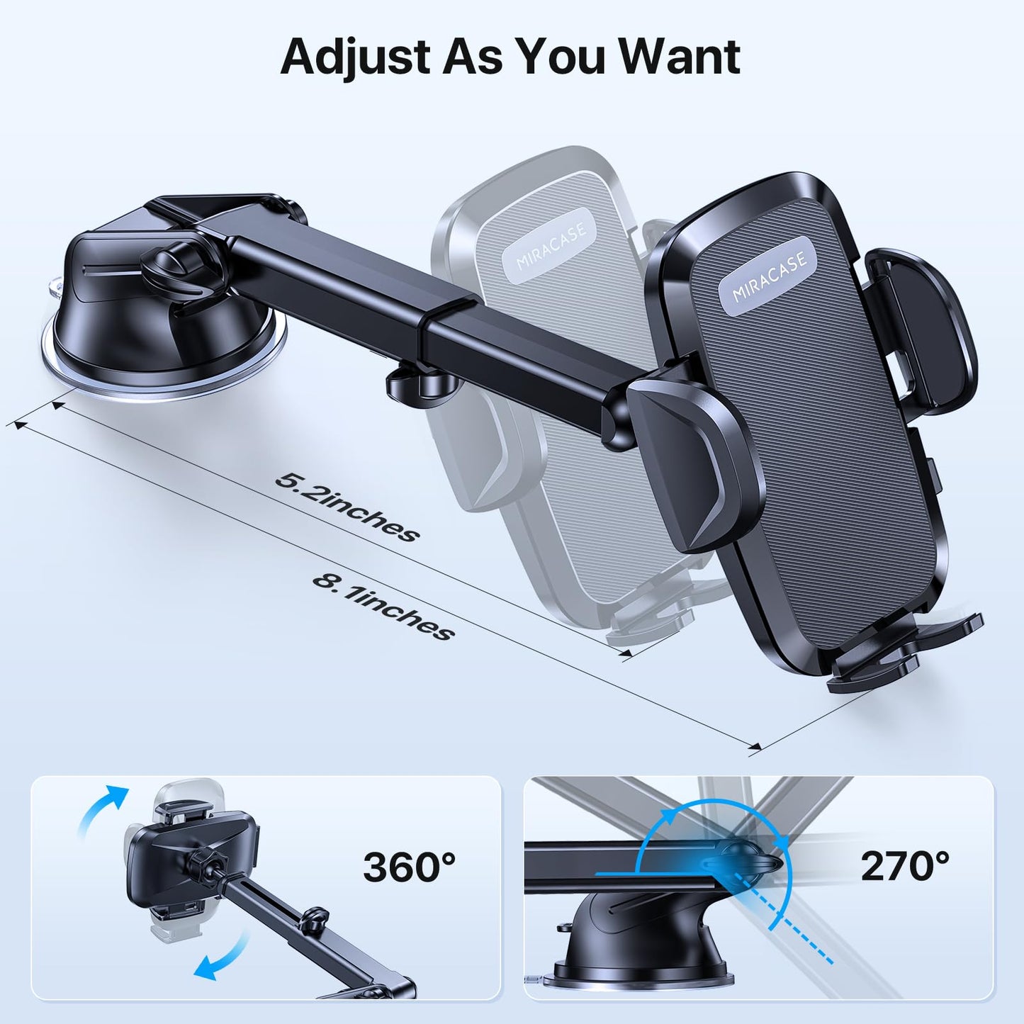 Miracase Universal Car Phone Holder [Powerful Suction Cup] Phone Holder Car for Dashboard Windshield [Double Metal Hook] Mobile Holder for Car Air Vent Car Mobile Holder for All 4.0-7.2" Smartphone