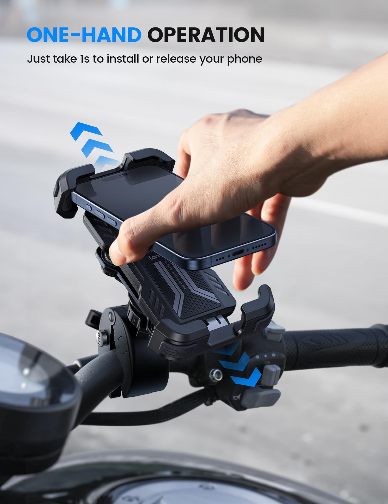 Lamicall Motorcycle Phone Mount Holder - [Anti Shake] [Dual Vibration Dampener] Motorcycle Cell Phone Mount with Upgraded Handlebar Clamp, Fit iPhone 15/14/ 13 Pro Max, More 4.7-6.7" Phones, Black