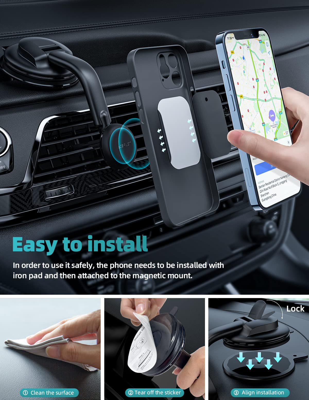 Magnetic Phone Car Mount, ACEFAST Universal Phone Car Holder Low Installation Height Built-in Four N52 Super Strong Magnets Large Sticky Base Suction Cup Dashboard Windshield Flexible Installation