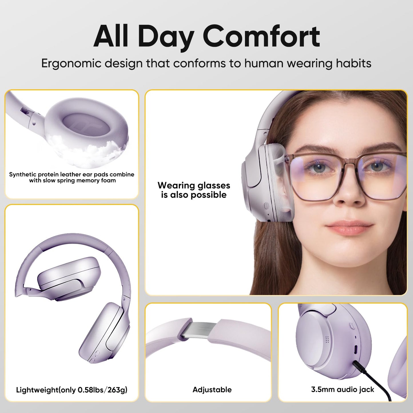 QCY H3 Hybrid Active Noise Cancelling Headphones, Wireless Over Ear Bluetooth Headphones, 60H Playtime, Hi-Res Audio Custom EQ via App Deep Bass Comfort Fit, for Home Office Travel