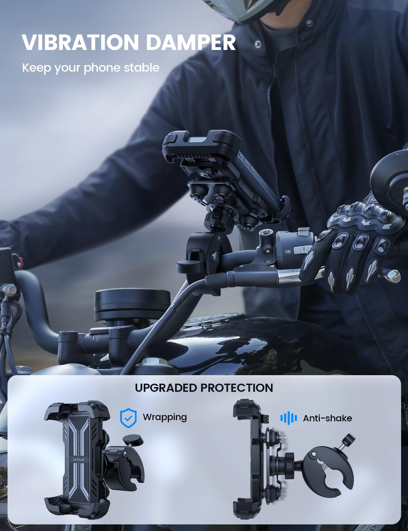 Lamicall Motorcycle Phone Mount Holder - [Anti Shake] [Dual Vibration Dampener] Motorcycle Cell Phone Mount with Upgraded Handlebar Clamp, Fit iPhone 15/14/ 13 Pro Max, More 4.7-6.7" Phones, Black