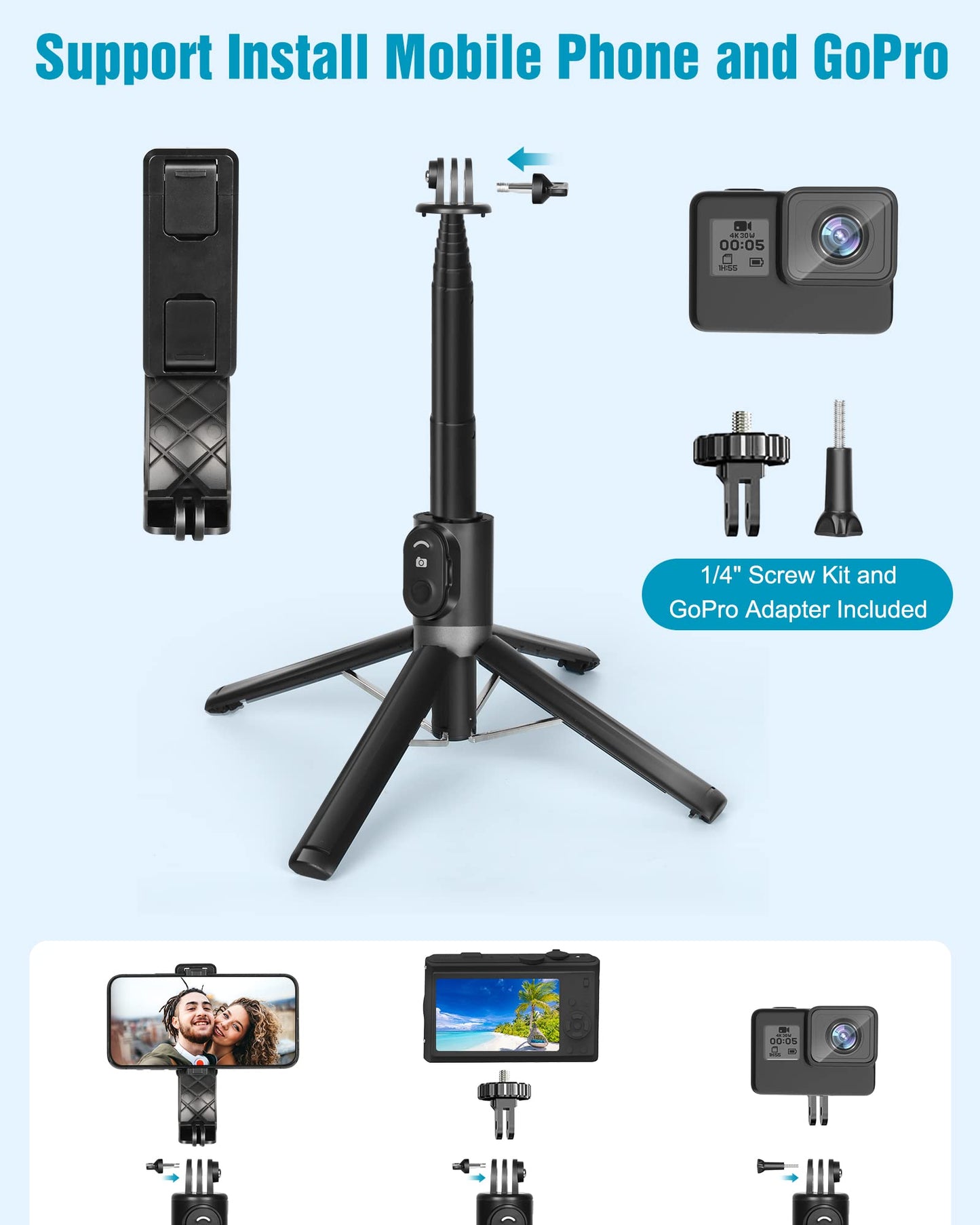 Eocean 55"/140cm Tripod for iPhone, Compact Selfie Stick Tripod for Mobile, Extendable Phone Tripod Stand for Video Recording, Travel iPhone Tripod Stand with Remote