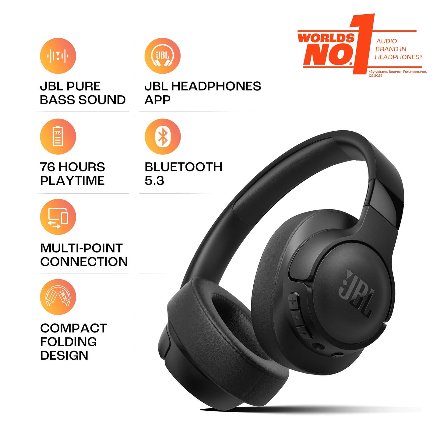 JBL Tune 720BT Wireless Over-Ear Headphones, Pure Bass Sound, Bluetooth 5.3, 76H Battery, Hands-Free Call, Multi-Point Connection, Foldable, Detachable Audio Cable - Black, JBLT720BTBLK