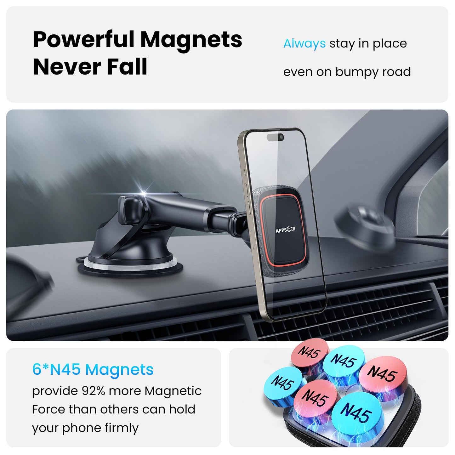 APPS2Car Car Phone Holder Magnetic Universal Car Mount Phone Holder for Dashboard Car Magnetic Phone Mount 6 Strong Magnets for All Cell Phones