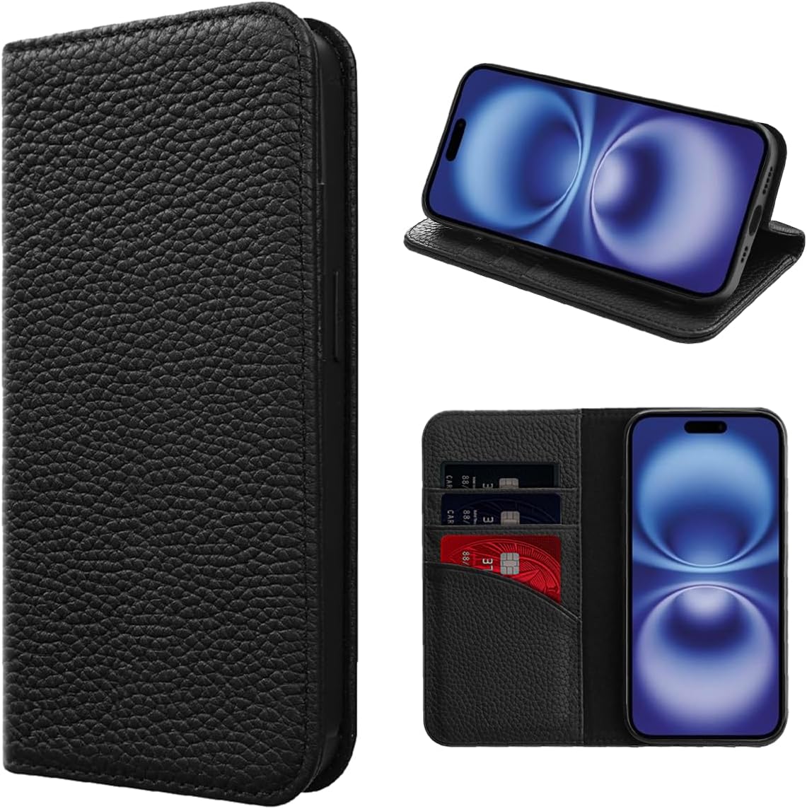 LANJLM iPhone 16 Wallet Case Genuine Leather Antimagnetic Card Holder Flip Cover Shockproof iPhone 16 Cases - Black