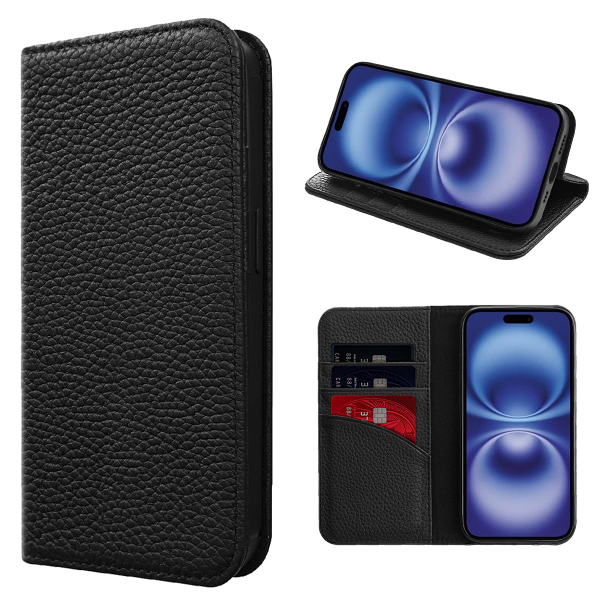 LANJLM iPhone 16 Wallet Case Genuine Leather Antimagnetic Card Holder Flip Cover Shockproof iPhone 16 Cases - Black