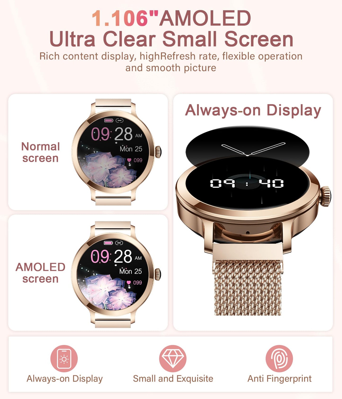 Efolen Smart Watches for Women, 1.106" AMOLED Small Screen Smartwatch Answer/Make Call for Android iOS Phones, IP68 Waterproof Fitness Activity Tracker with 100+ Sports, Heat Rate, SpO2, Rose Gold