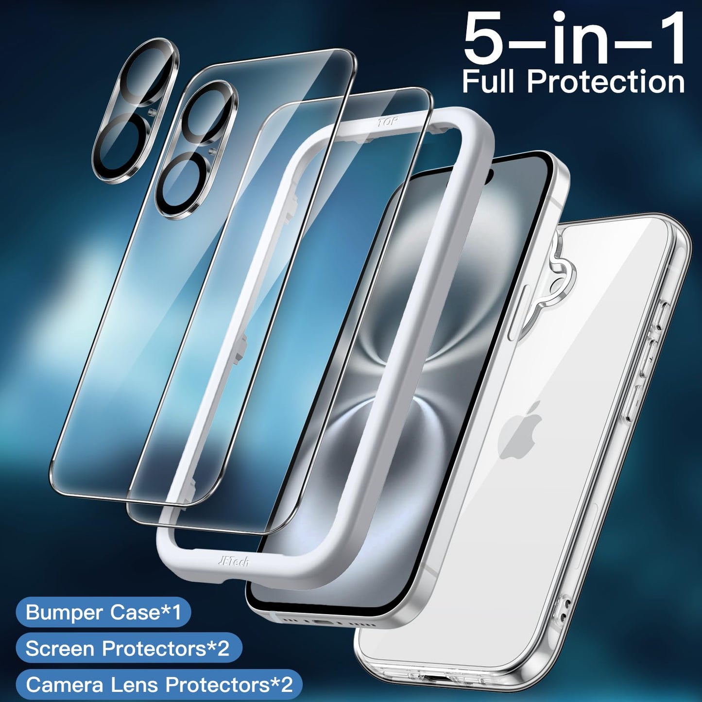 JETech 5 in 1 Case for iPhone 16 6.1-Inch with 2 Pack Each Tempered Glass Screen Protectors and Camera Lens Protectors, Non-Yellowing Shockproof Bumper Phone Cover (Clear)