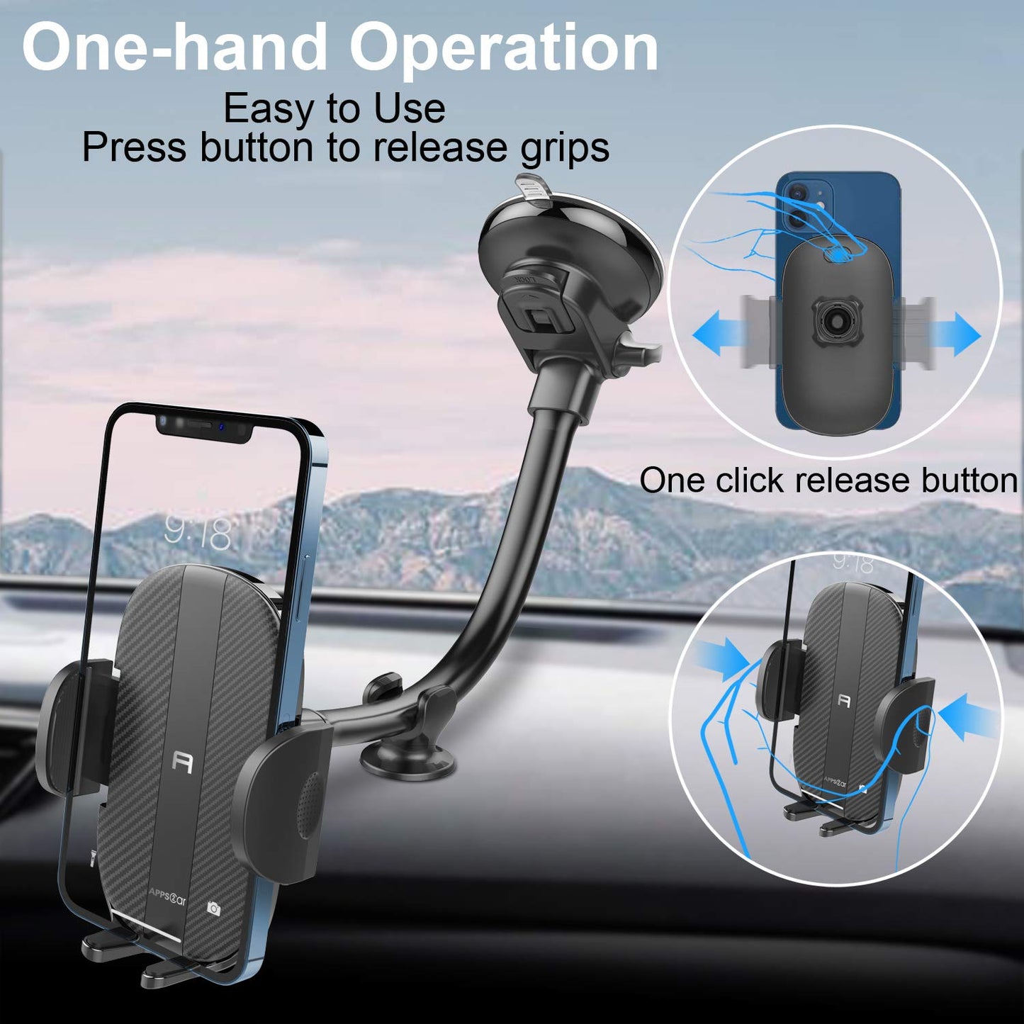 APPS2Car Car Phone Holder Dashboard Windshield Car Phone Mount Strong Suction Long Arm Phone Holder Mount for All iPhone Android Smartphone