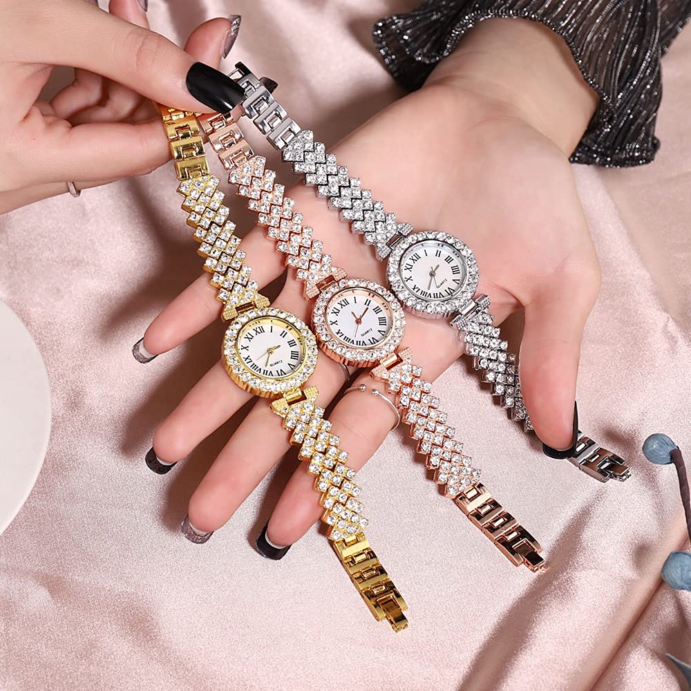 Excefore Women Luxury Watches, 2 Pcs Lady Watches with Bracelet Set, Analogue Quartz Diamond Watches with Stainless Steel Strap, Lady Rhinestone Wrist Watch+Jewelry Cuff Bracelet Set