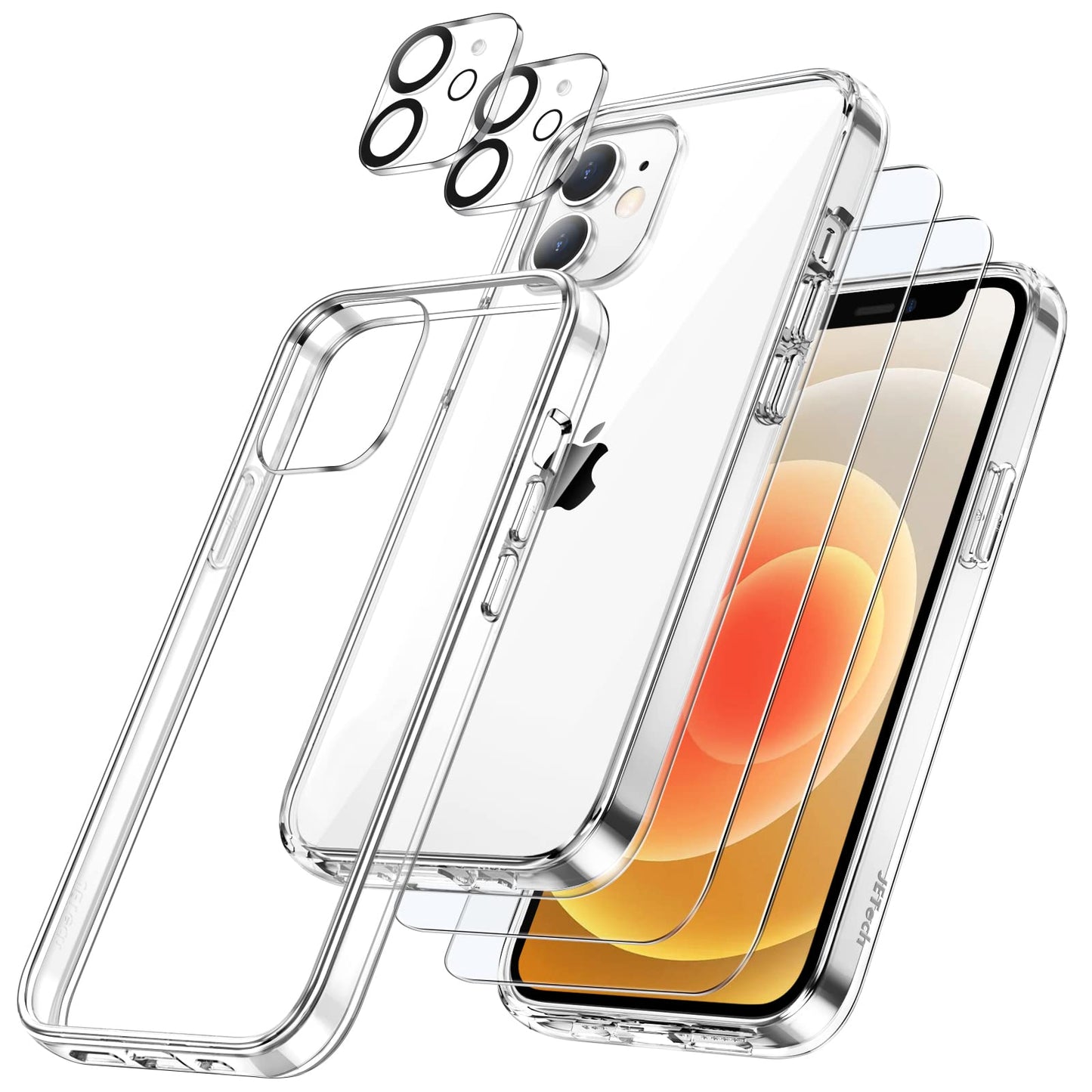 JETech 5 in 1 Case for iPhone 12 6.1-Inch, with 2-Pack Screen Protector and 2-Pack Camera Lens Protector, Full Coverage Tempered Glass Film, Non-Yellowing Shockproof Bumper Phone Cover (Clear)