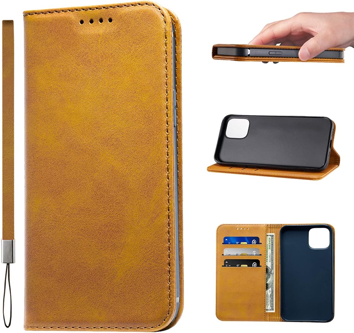 LANJLM iPhone 13 Case PU Leather Wallet Case Card Holder Shockproof Flip Cover - Khaki