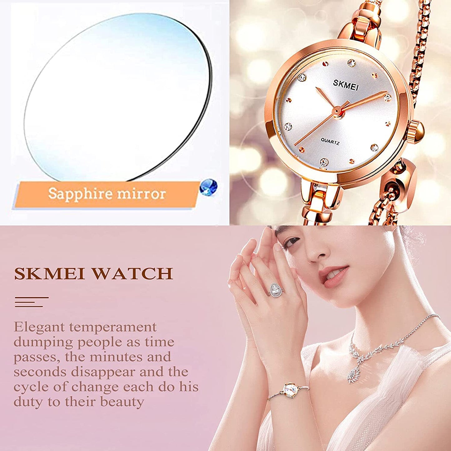 SKMEI Women Watches Bracelet Diamond Ladies Female Small Rose Gold Fashion Luxury Thin Waterproof Analog Quartz Casual Girls Wife Gifts Silver Wrist Watch