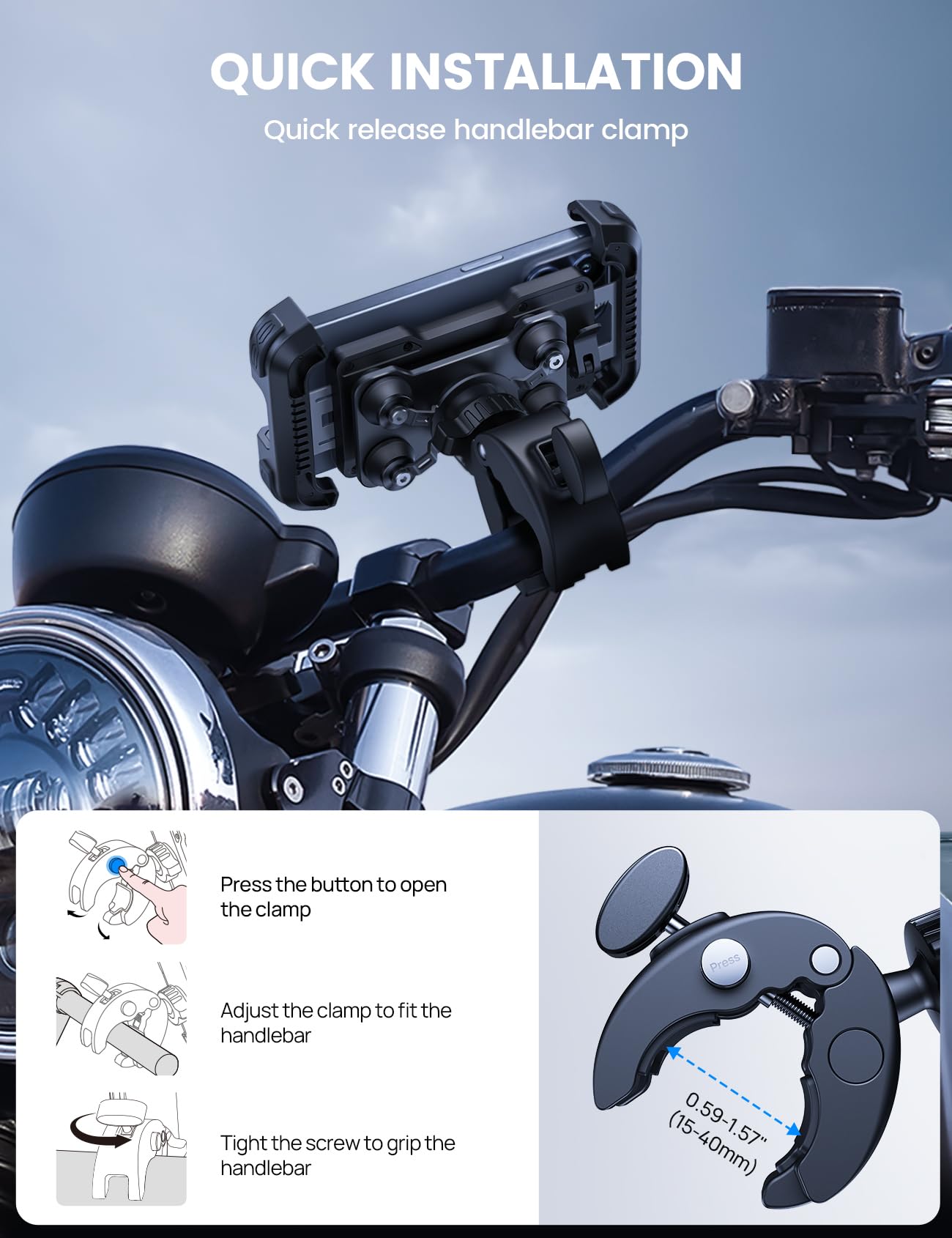 Lamicall Motorcycle Phone Mount Holder - [Anti Shake] [Dual Vibration Dampener] Motorcycle Cell Phone Mount with Upgraded Handlebar Clamp, Fit iPhone 15/14/ 13 Pro Max, More 4.7-6.7" Phones, Black