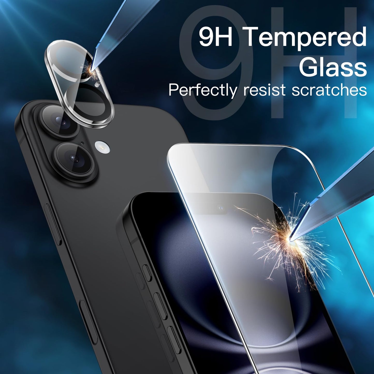 JETech 5 in 1 Matte Case for iPhone 16 6.1-Inch with 2-Pack Each Tempered Glass Screen Protector and Camera Lens Protector, Translucent Back Shockproof Phone Cover (Black)