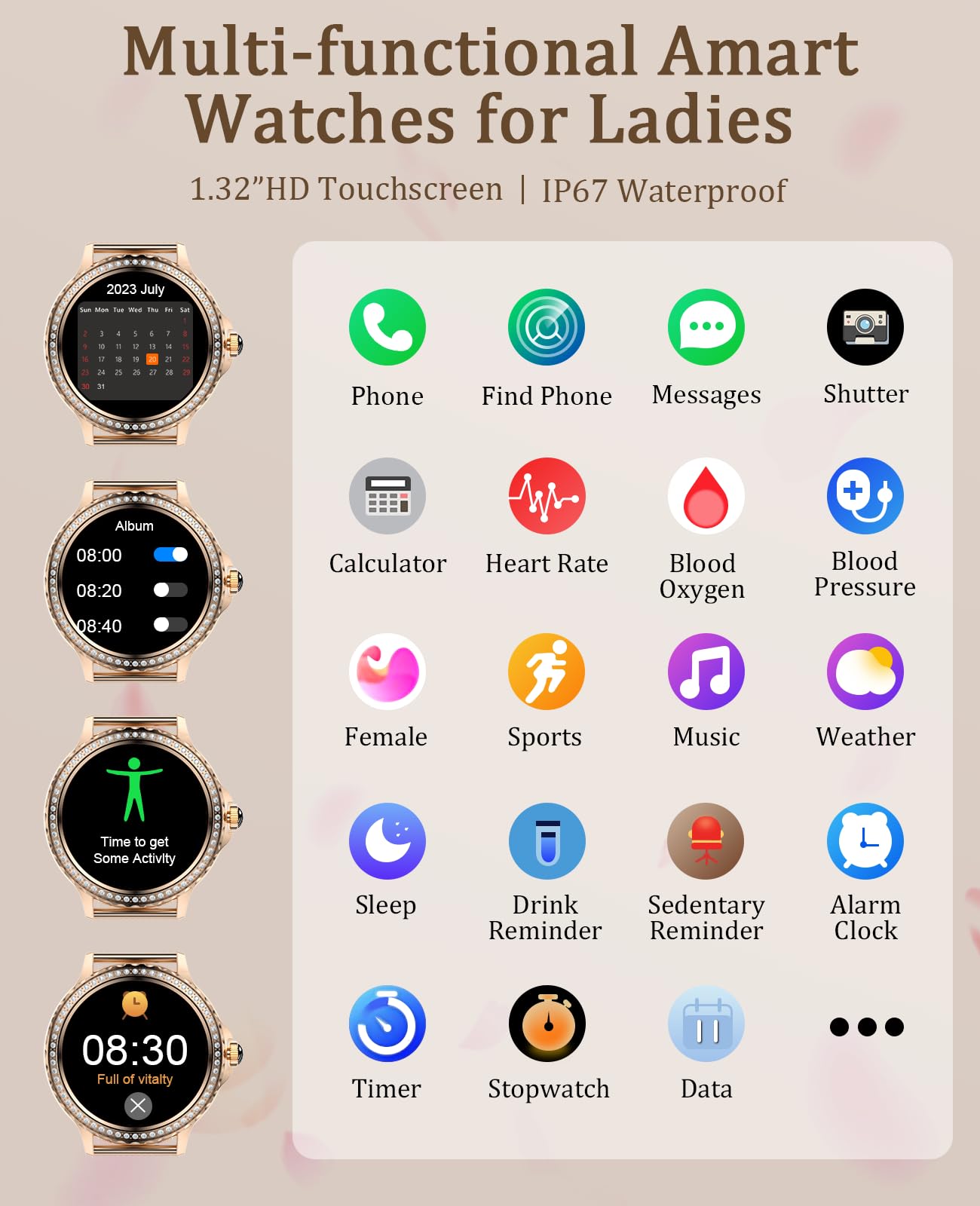 BOCLOUD Smart Watch for Women, Bluetooth Smartwatches for iPhone Android iOS IP68 Waterproof Ladies Fitness Activity Tracker with Blood Pressure/Heart Rate/Sleep Monitor/Messages