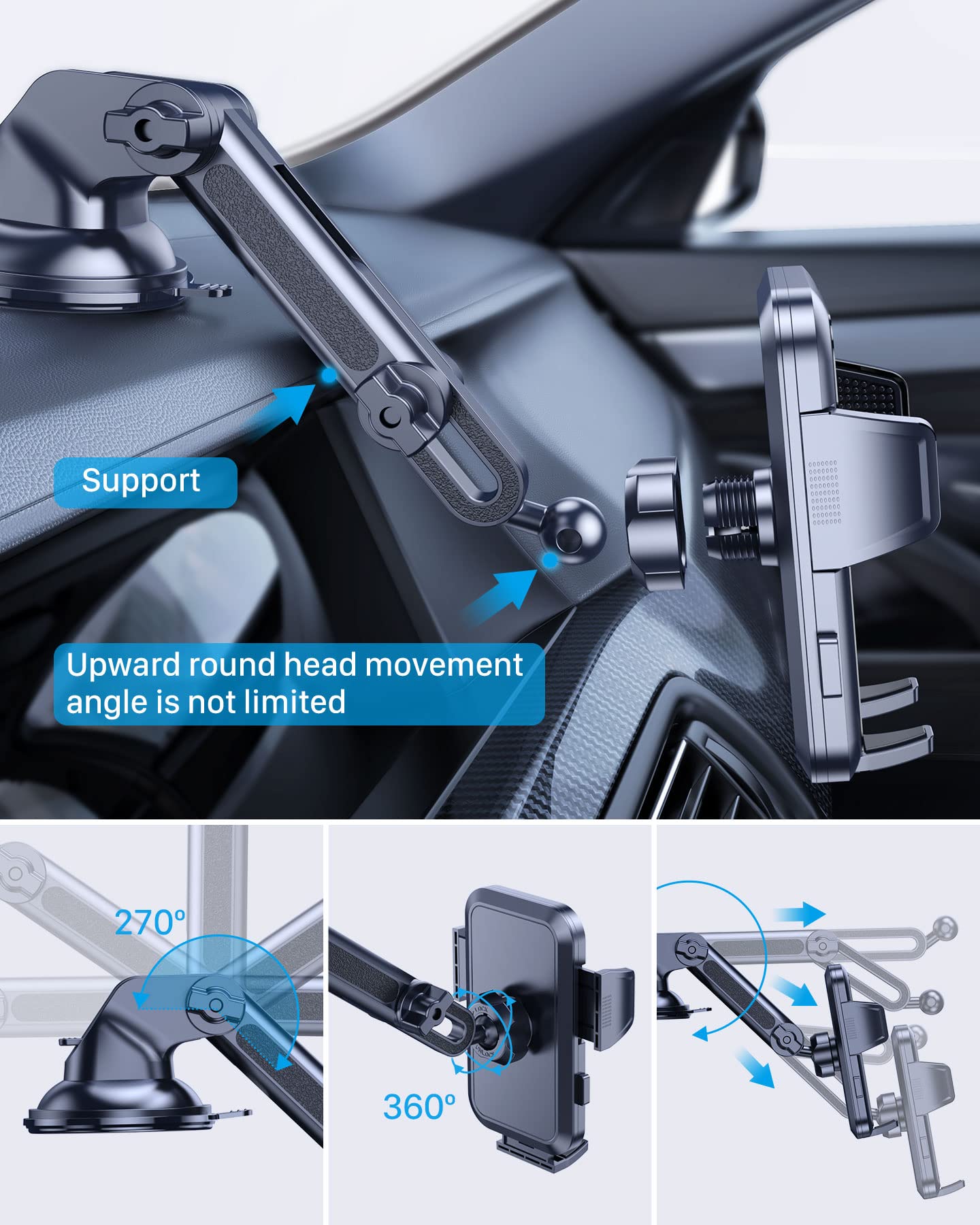 Phone Mount for Car (3 in 1) Dashboard Windshield Air Vent [Multi-Angle Adjustment Arm] Dash Phone Holder Mount, Car Cell Phone Holder, Hands Free iPhone Stand for Car Fit for All Mobile Phones.