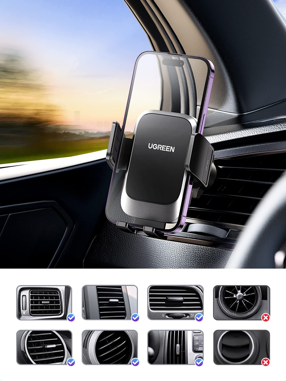 UGREEN Car Phone Holder, Phone Holder Car for Air Vent, Anti-Shake Mobile Holder for Car with Ultra Stable Hook Design, Car Phone Mount for All Phones iPhone 15/14/13/12 Series, S22 S23 S24 Ultra, etc