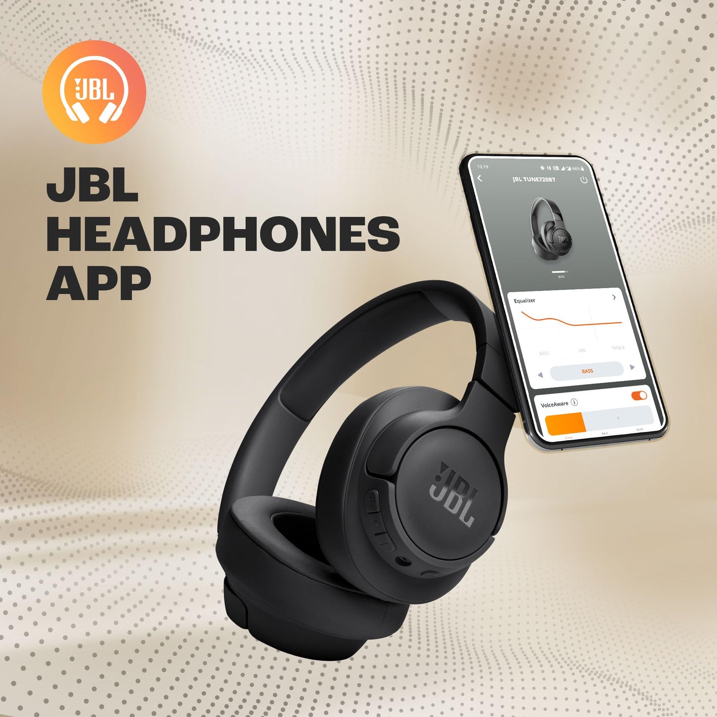 JBL Tune 720BT Wireless Over-Ear Headphones, Pure Bass Sound, Bluetooth 5.3, 76H Battery, Hands-Free Call, Multi-Point Connection, Foldable, Detachable Audio Cable - Black, JBLT720BTBLK